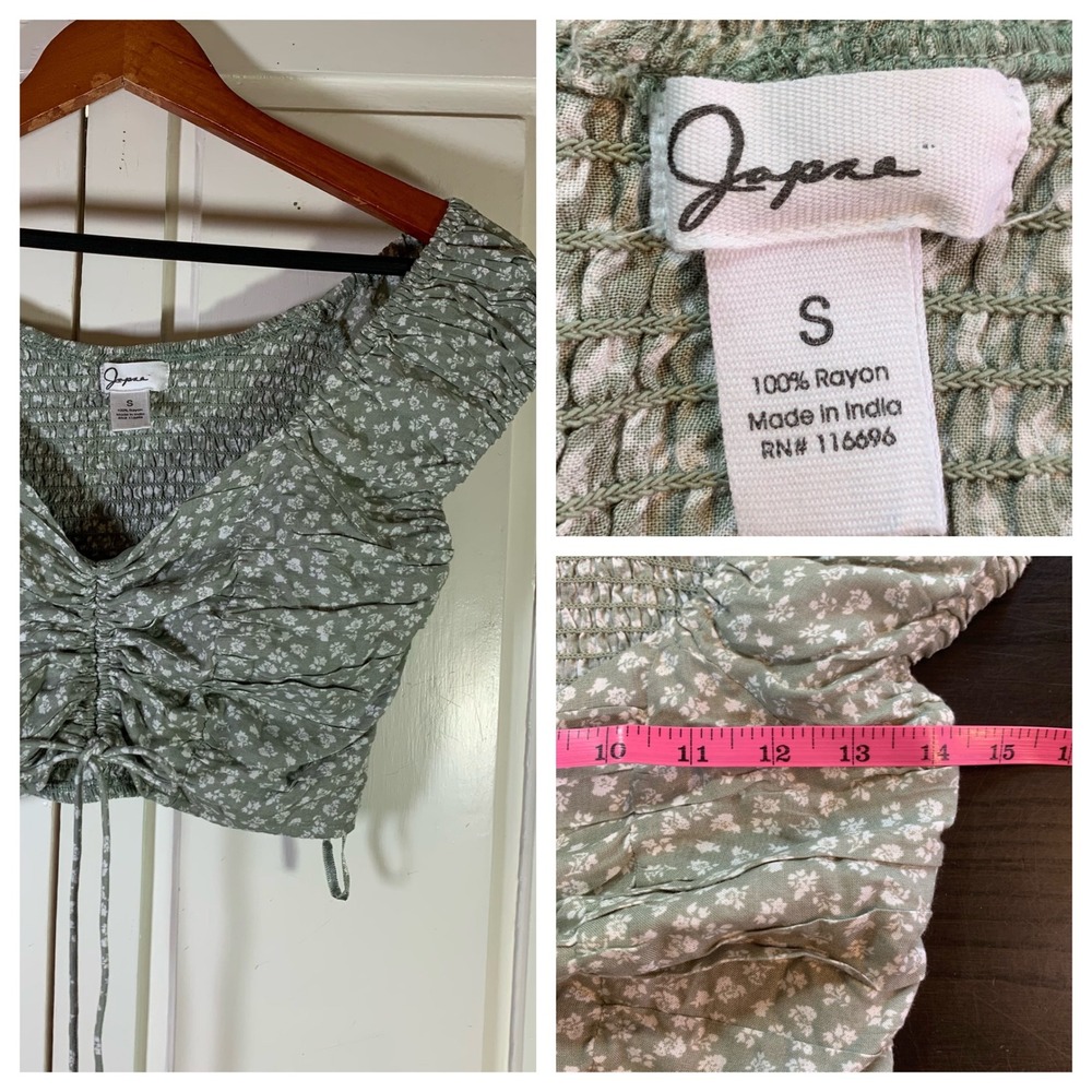 Japna Floral Crop Top Smocked Ruched Drawstring Sage Green Size Small Cottage